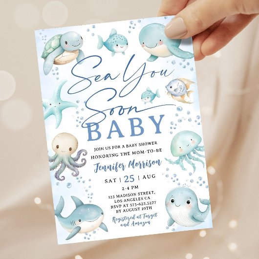 Sea You Soon Ocean Whale Boy Baby Shower 招待状