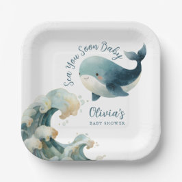 Sea You Soon Ocean Whale Teal White Baby Shower ペーパープレート