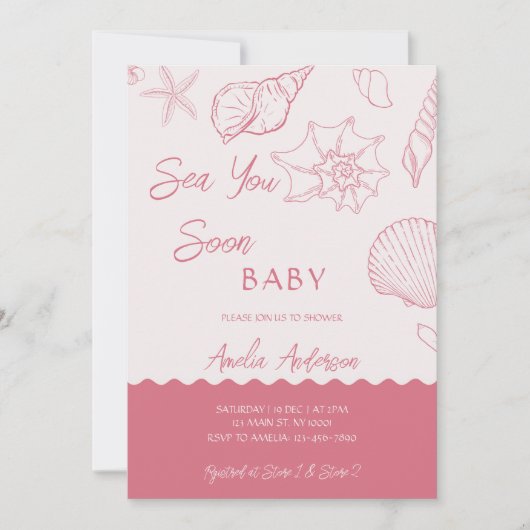 Sea You Soon Pink Seashells Coastal Baby Shower 招待状 (正面)