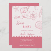 Sea You Soon Pink Seashells Coastal Baby Shower 招待状 (正面/裏面)