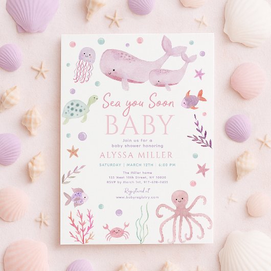 Sea You Soon Pink Under the Sea Baby Shower 招待状