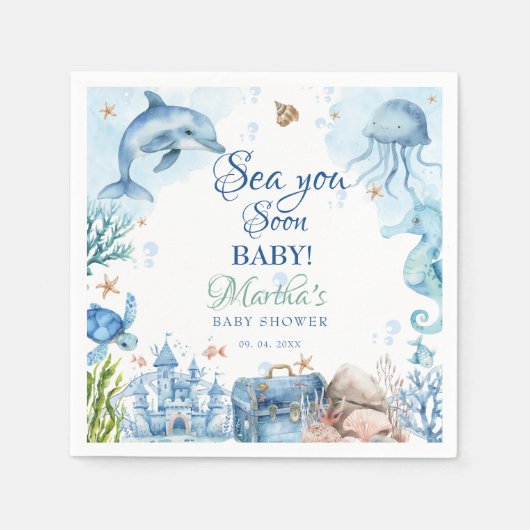 Sea You Soon Seashell Baby Shower スタンダードカクテルナプキン (正面)
