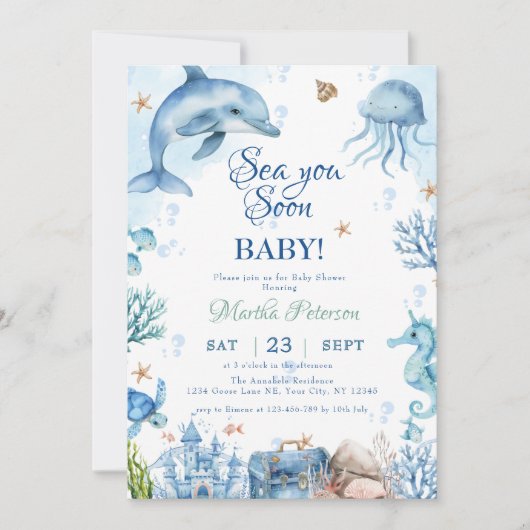 Sea You Soon Seashell Baby Shower 招待状 (正面)