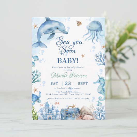 Sea You Soon Seashell Baby Shower 招待状 (スタンド正面)