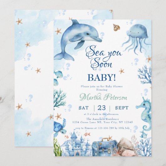 Sea You Soon Seashell Baby Shower 招待状 (正面/裏面)