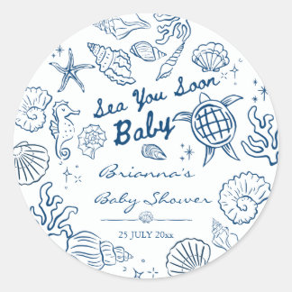 Sea you soon seashells beach boy baby shower ラウンドシール