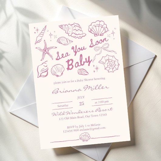 Sea you soon seashells beach girls baby shower 招待状