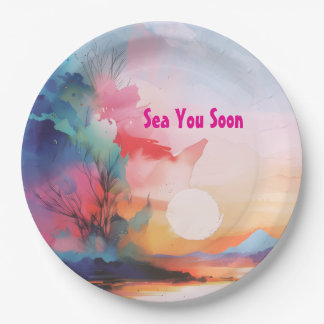 Sea You Soon Watercolor Beach ペーパープレート