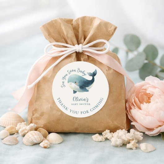 Sea You Soon Whale Ivory Thank You Baby Shower ラウンドシール