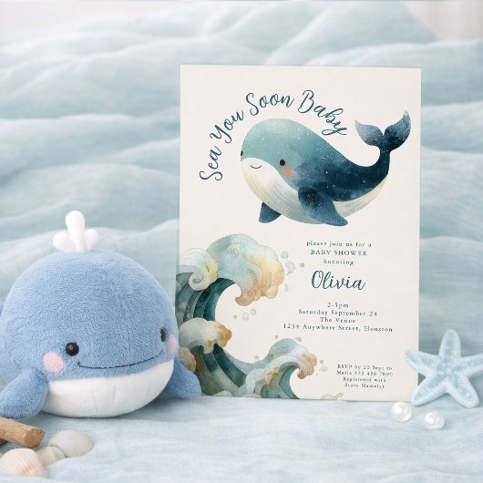 Sea You Soon Whale Ocean Ivory Baby Shower 招待状