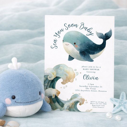 Sea You Soon Whale Ocean White Baby Shower 招待状