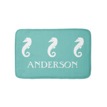 Seafoamのティール(緑がかった色)の緑のタツノオトシゴの海の創造物のバス・マット