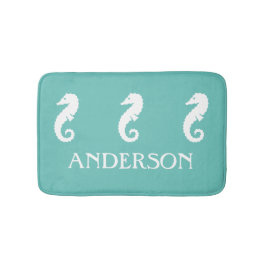 Seafoamのティール（緑がかった色）の緑のタツノオトシゴの海の創造物のバス・マット バスマット