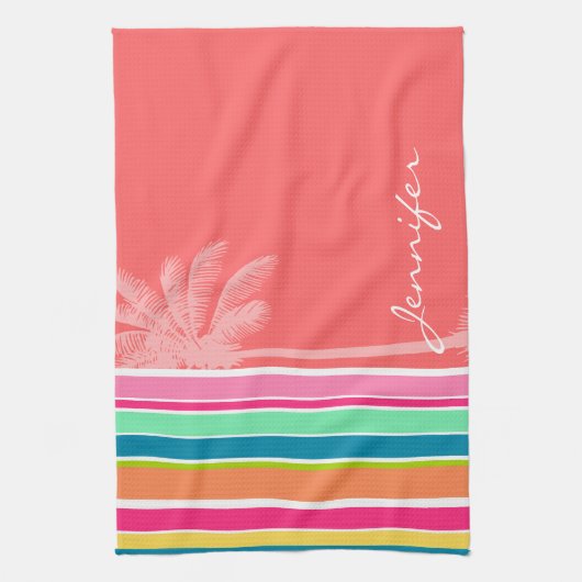 Seafoamの熱帯サーモンピンク及び緑 キッチンタオル (縦)