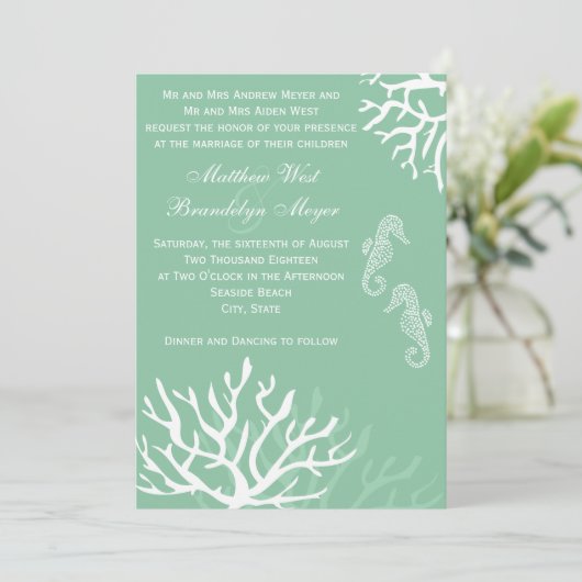 Seafoamの青い珊瑚のタツノオトシゴの結婚式招待状 招待状 (スタンド正面)