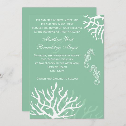 Seafoamの青い珊瑚のタツノオトシゴの結婚式招待状 招待状 (正面/裏面)