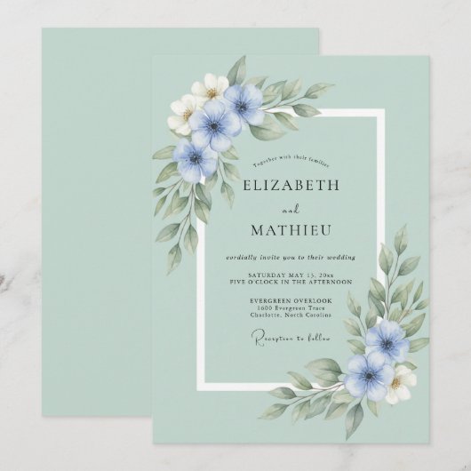 Seafoam Botanical Wedding 招待状 (正面/裏面)