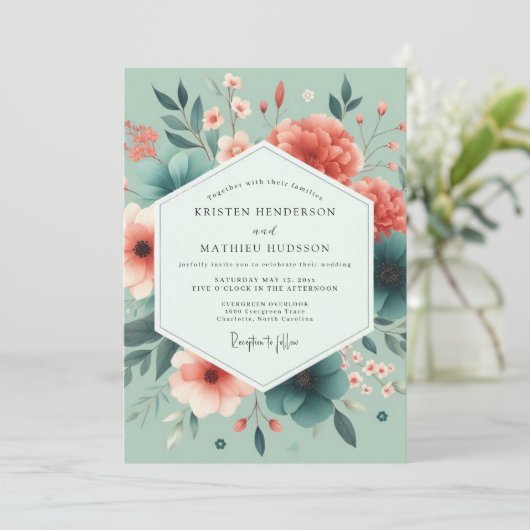 Seafoam Coral Vivid Flora Wedding 招待状 (スタンド正面)