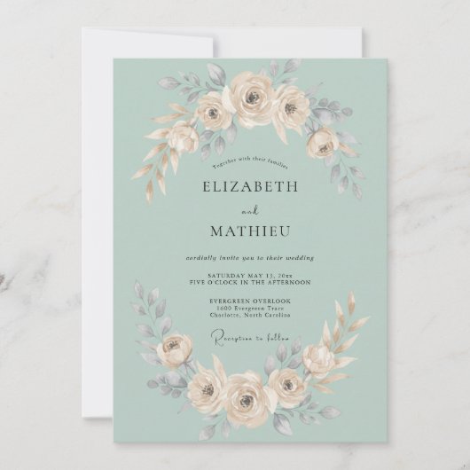 Seafoam Cream Rose Romantic Wedding 招待状 (正面)