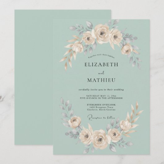Seafoam Cream Rose Romantic Wedding 招待状 (正面/裏面)