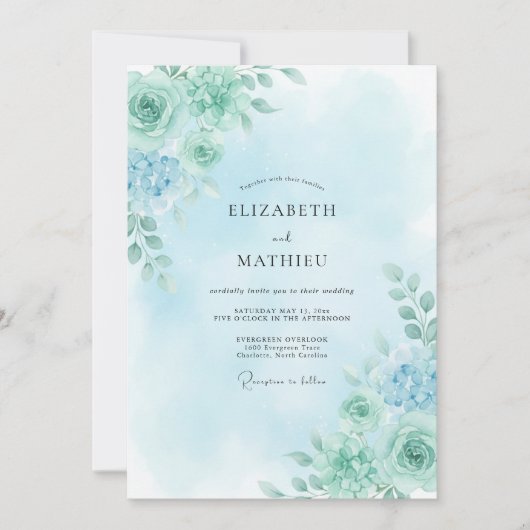Seafoam Green Serene Rose Wedding 招待状 (正面)