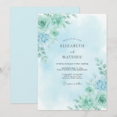 Seafoam Green Serene Rose Wedding 招待状 (正面/裏面)