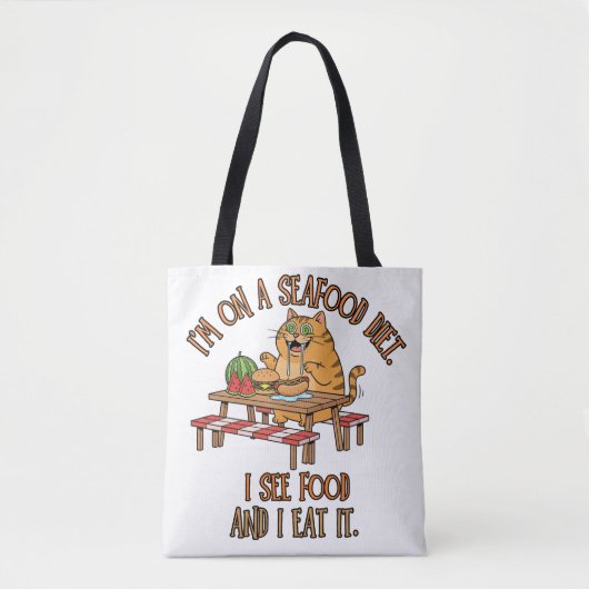 Seafood Diet Joke – Hungry Cat with Hot Dog トートバッグ (正面)