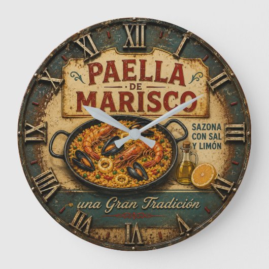 Seafood Paella Spanish Kitchen Rustic Restaurant  ラージ壁時計 (正面)