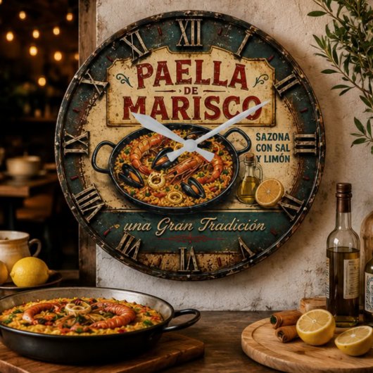 Seafood Paella Spanish Kitchen Rustic Restaurant ラージ壁時計