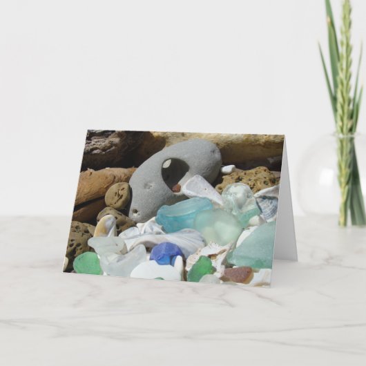 Seaglassの挨拶状のビーチの海ガラスの化石 カード (正面)