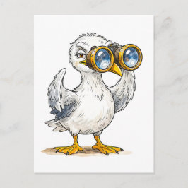 Seagull Looking Through Binoculars at the Coast ポストカード