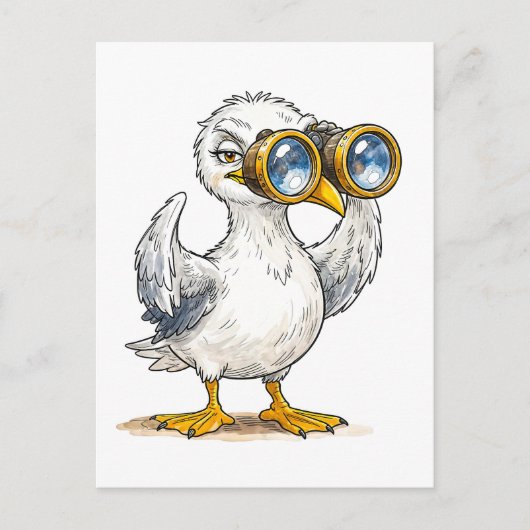 Seagull Looking Through Binoculars at the Coast ポストカード (正面)