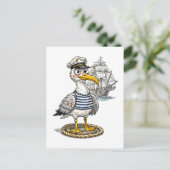 Seagull Sailor with Rope and Ship Background ポストカード (スタンド正面)