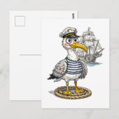 Seagull Sailor with Rope and Ship Background ポストカード (正面/裏面)