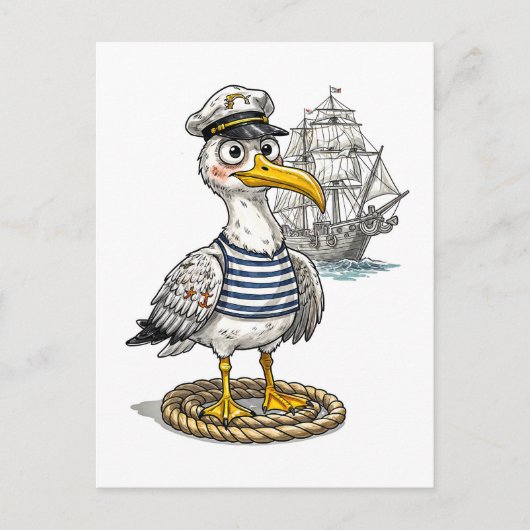 Seagull Sailor with Rope and Ship Background ポストカード (正面)