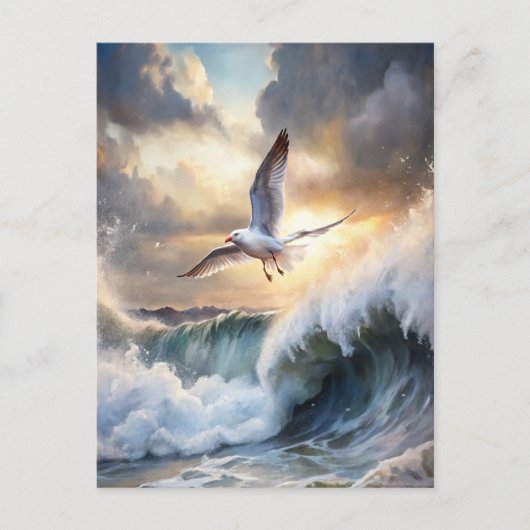 Seagull Soaring Waves Storm Clouds Ocean Coastal ポストカード (正面)