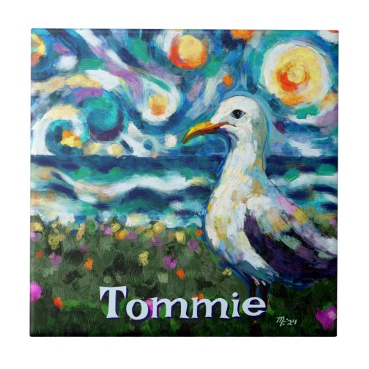 Seagull Van Gogh Style Beach Personalized タイル (正面)