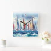 Seagulls Soaring With a Sailboat Regatta スクエア壁時計 (ホーム)