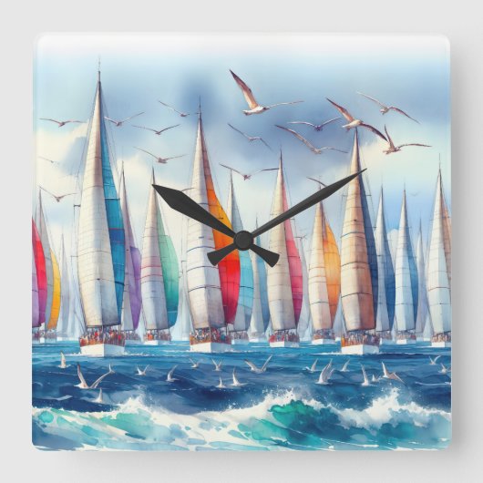 Seagulls Soaring With a Sailboat Regatta スクエア壁時計 (正面)