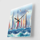 Seagulls Soaring With a Sailboat Regatta スクエア壁時計 (傾斜)