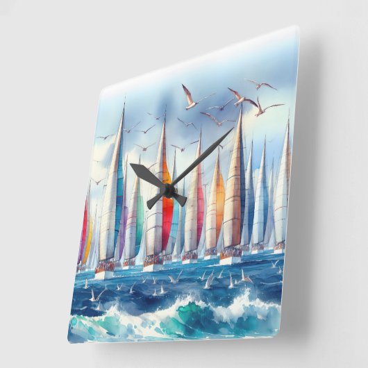 Seagulls Soaring With a Sailboat Regatta スクエア壁時計 (傾斜)