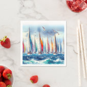 Seagulls Soaring With a Sailboat Regatta スタンダードカクテルナプキン (インサイチュ)