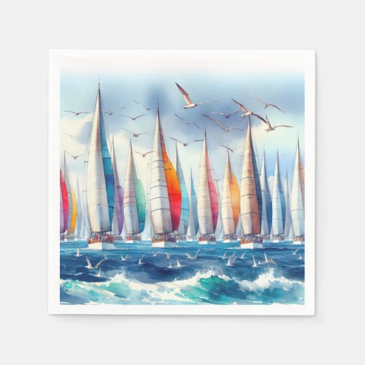 Seagulls Soaring With a Sailboat Regatta スタンダードカクテルナプキン (正面)
