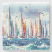Seagulls Soaring With a Sailboat Regatta ストーンコースター (正面)