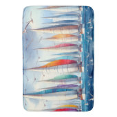 Seagulls Soaring With a Sailboat Regatta バスマット (正面縦)