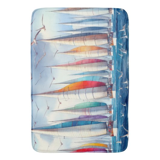 Seagulls Soaring With a Sailboat Regatta バスマット (正面縦)