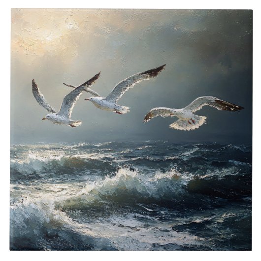 Seagulls Stormy Ocean Fine Art タイル (正面)