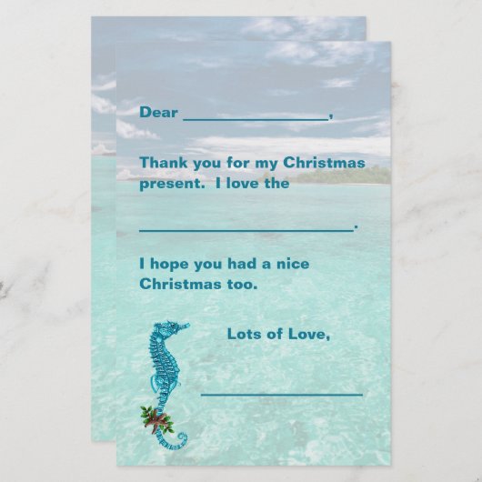 Seahorseクリスマスキッズ紙を書いてありがとう 便箋 (正面/裏面)