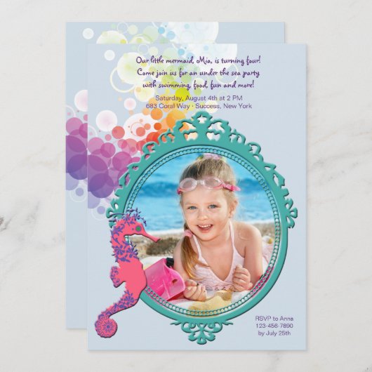 Seahorseフレームの写真の誕生日パーティーの招待 招待状 (正面/裏面)