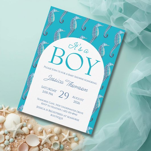 Seahorse Baby Shower Boy Ocean Invitation 招待状